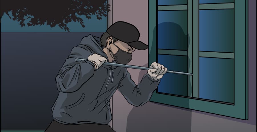 Illustration of burglar forcing entry through a window in Burlington