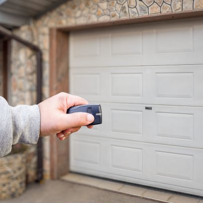 Burlington security key fob pointing to a garage door